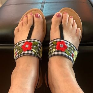 Black & White Gingham Sandals with Embroidered Flowers in Red & Yellow.